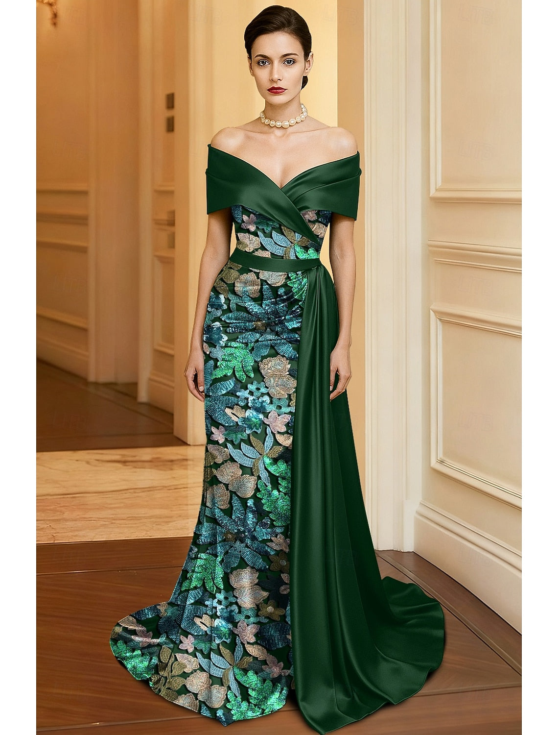 Floral Print Flowers Off the Shoulder Sleeveless Mermaid Floor-Length Evening Dress
