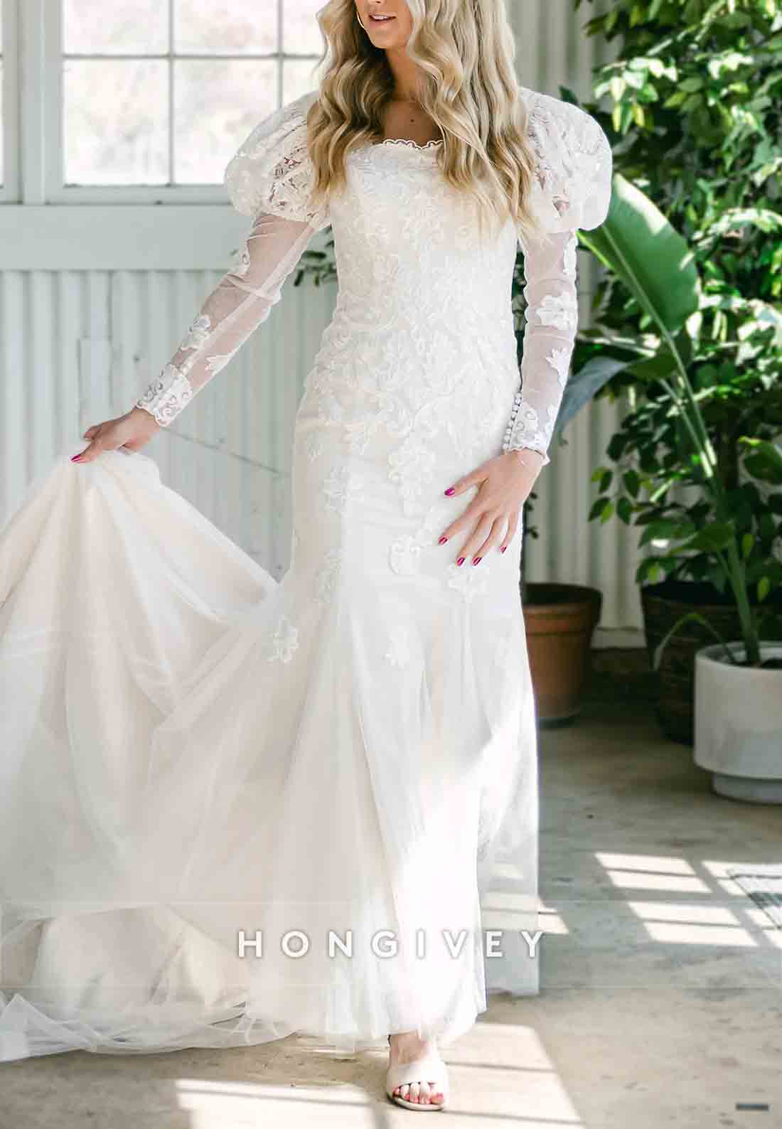 Long Sleeves Court Train Lace Scalloped Neck Tulle Trumpet Wedding Dresses