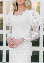 Long Sleeves Court Train Lace Scalloped Neck Tulle Trumpet Wedding Dresses