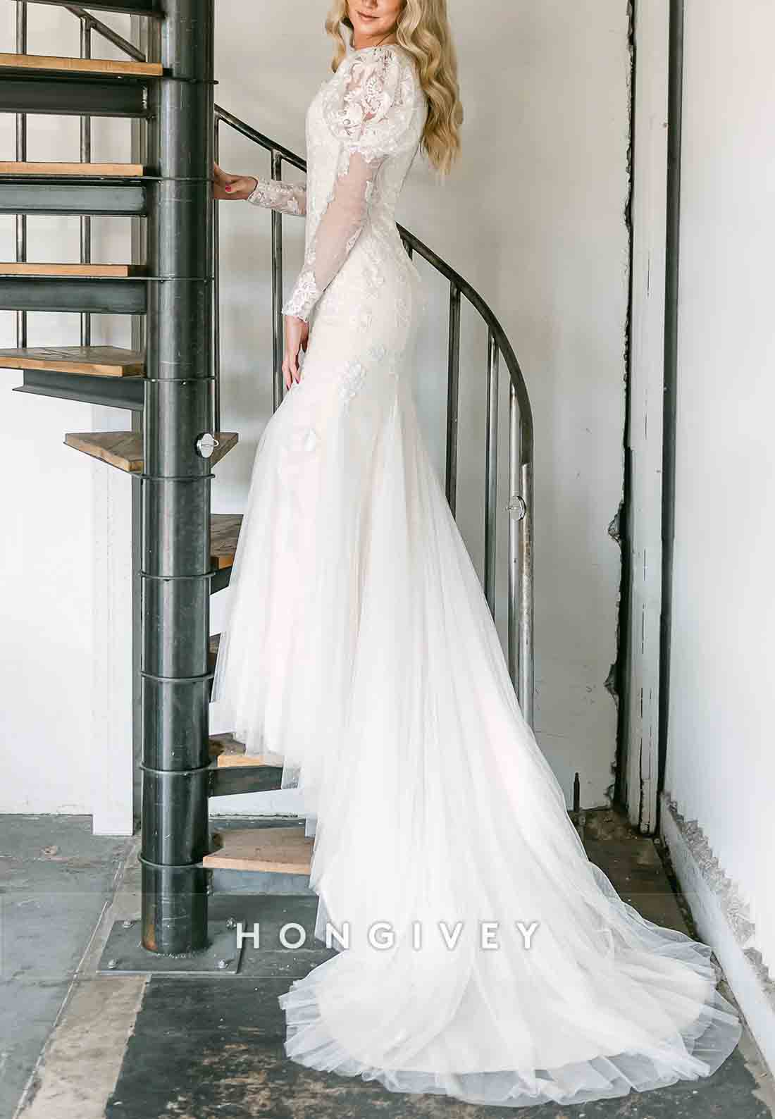 Long Sleeves Court Train Lace Scalloped Neck Tulle Trumpet Wedding Dresses