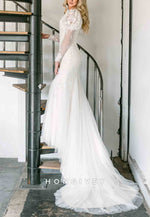 Long Sleeves Court Train Lace Scalloped Neck Tulle Trumpet Wedding Dresses