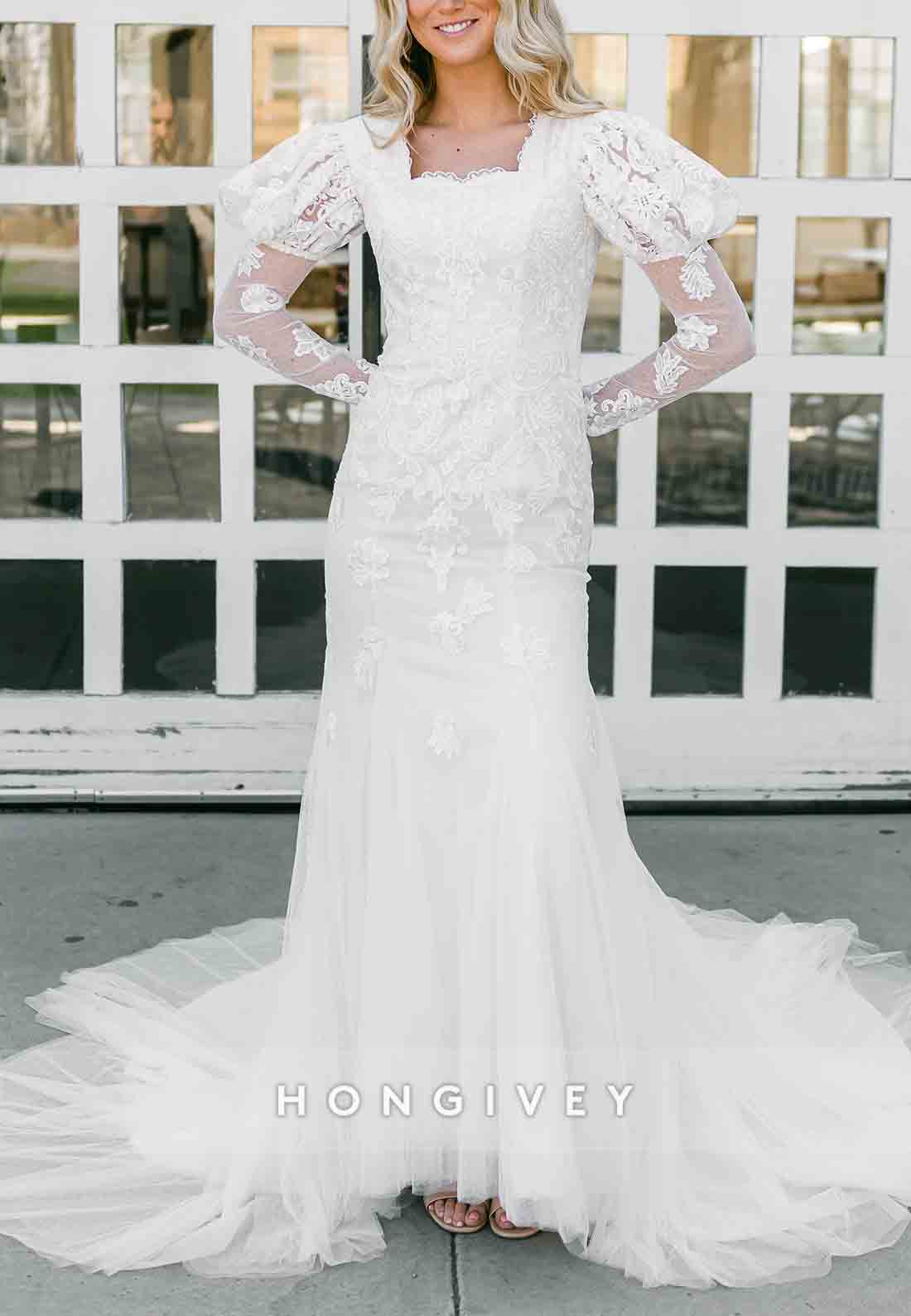 Long Sleeves Court Train Lace Scalloped Neck Tulle Trumpet Wedding Dresses