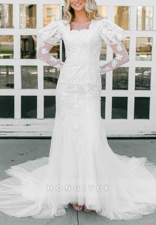 Long Sleeves Court Train Lace Scalloped Neck Tulle Trumpet Wedding Dresses