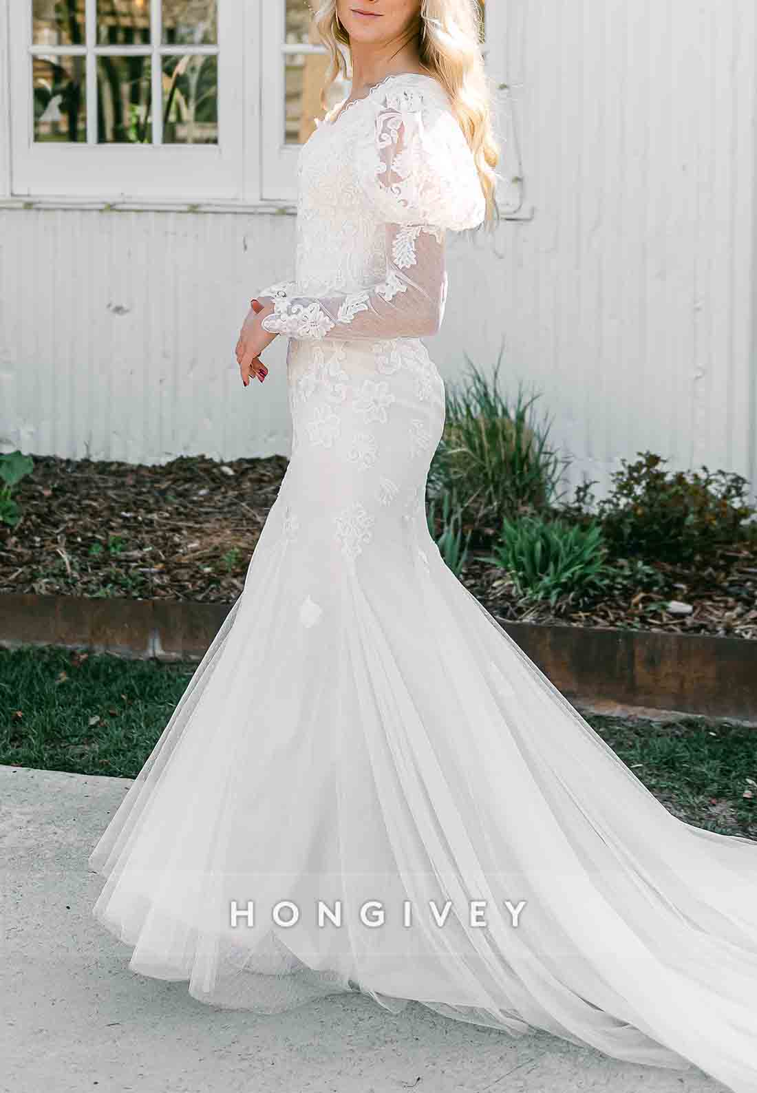 Long Sleeves Court Train Lace Scalloped Neck Tulle Trumpet Wedding Dresses