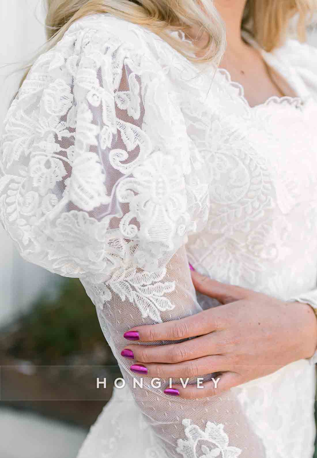 Long Sleeves Court Train Lace Scalloped Neck Tulle Trumpet Wedding Dresses