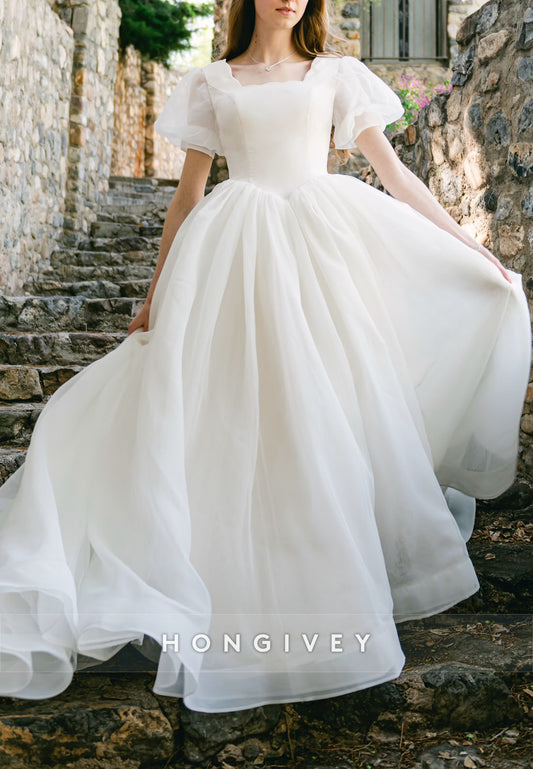 Short Sleeves Scalloped Neck Court Train Princess Wedding Dresses