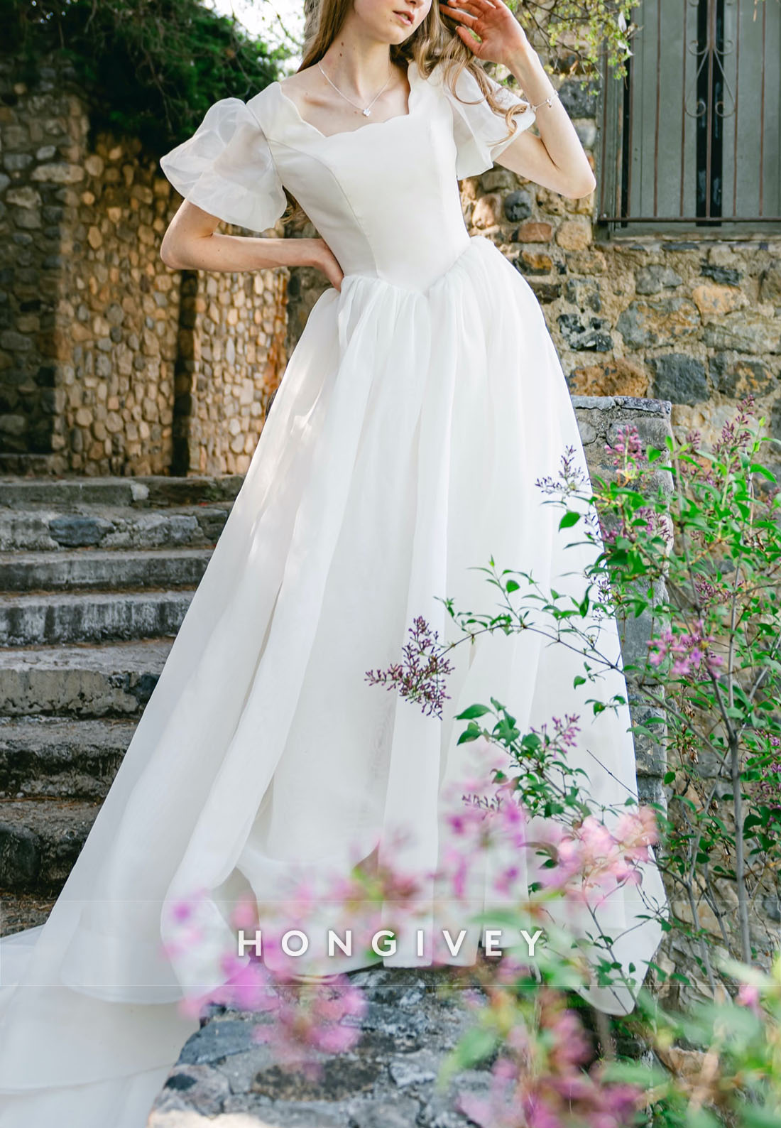 Short Sleeves Scalloped Neck Court Train Princess Wedding Dresses