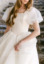 Short Sleeves Scalloped Neck Court Train Princess Wedding Dresses
