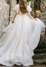 Short Sleeves Scalloped Neck Court Train Princess Wedding Dresses
