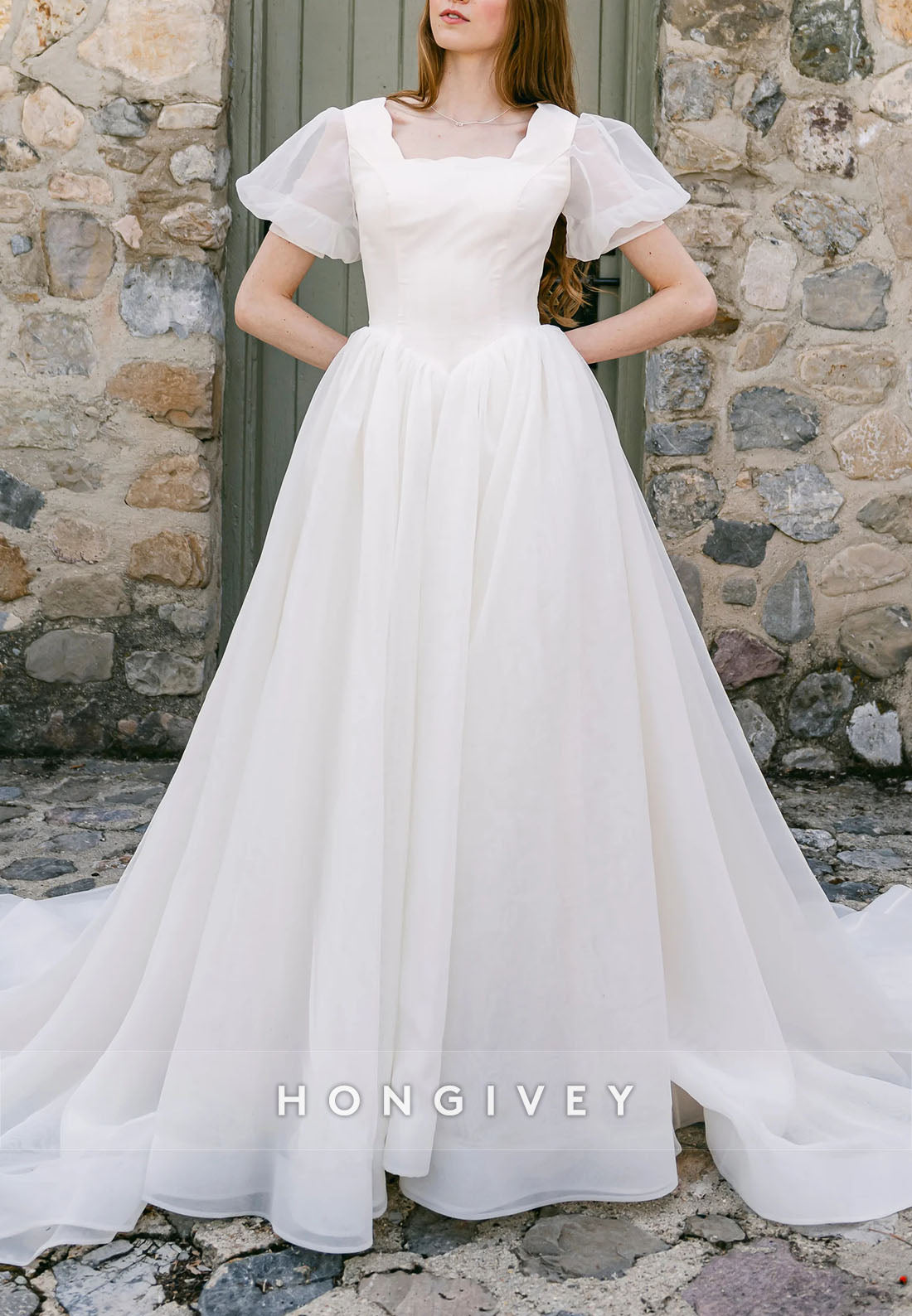 Short Sleeves Scalloped Neck Court Train Princess Wedding Dresses