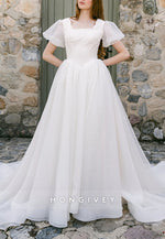 Short Sleeves Scalloped Neck Court Train Princess Wedding Dresses