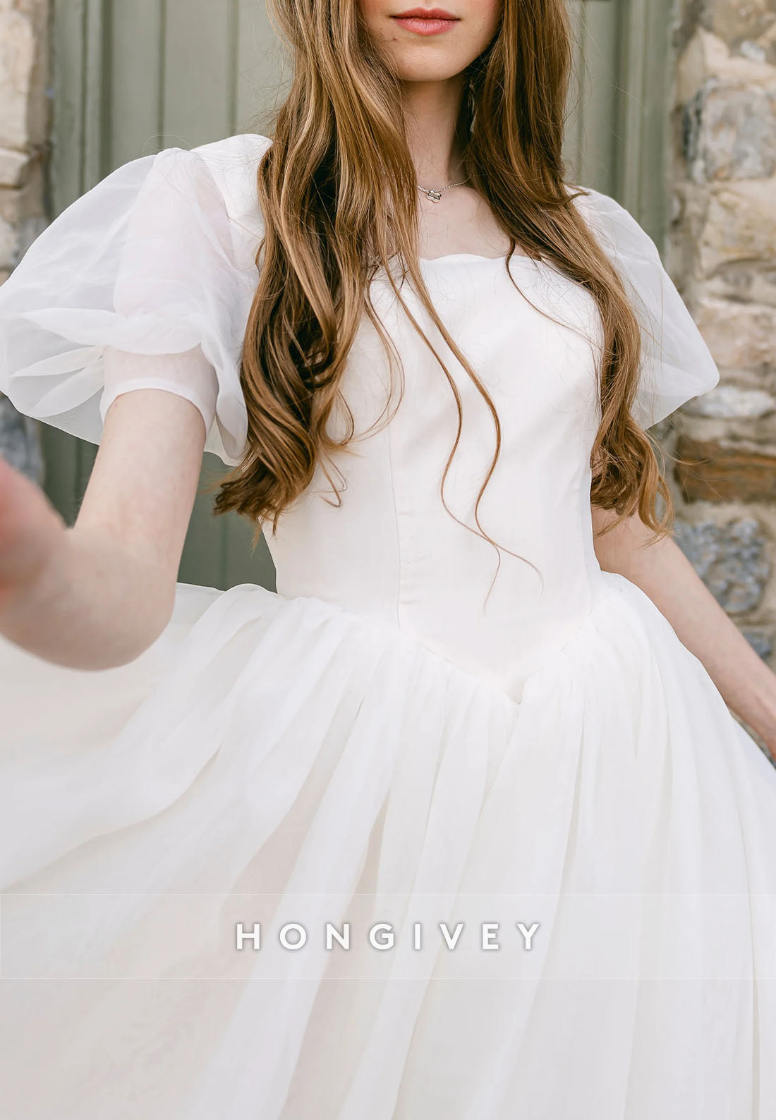 Short Sleeves Scalloped Neck Court Train Princess Wedding Dresses