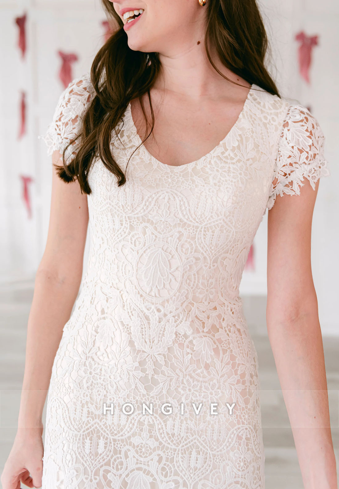Cap Sleeves Court Train Lace Crisscross Back Trumpet Wedding Dresses
