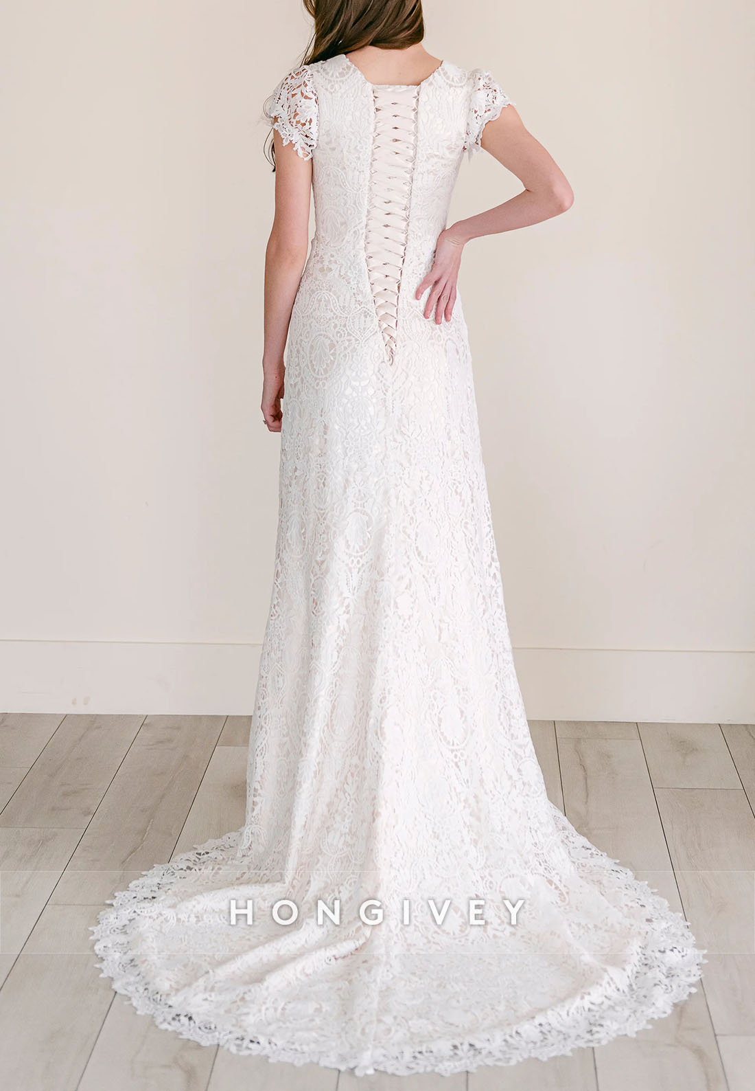 Cap Sleeves Court Train Lace Crisscross Back Trumpet Wedding Dresses