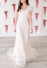 Cap Sleeves Court Train Lace Crisscross Back Trumpet Wedding Dresses