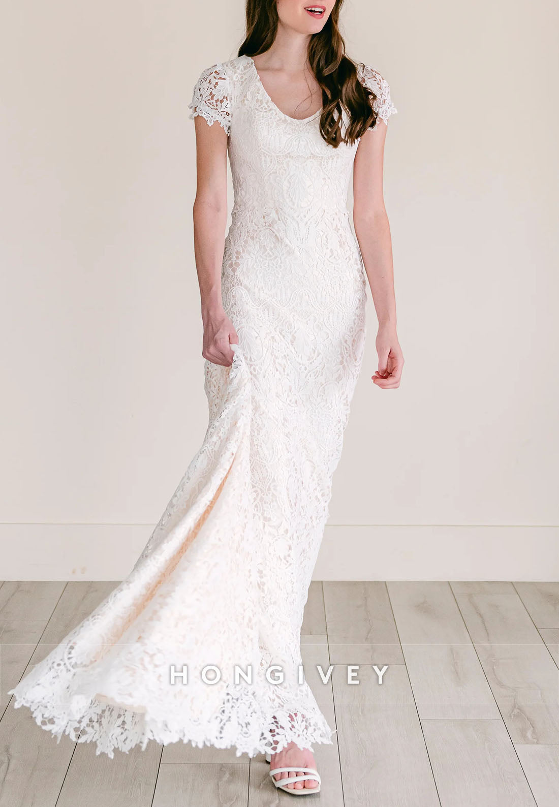 Cap Sleeves Court Train Lace Crisscross Back Trumpet Wedding Dresses