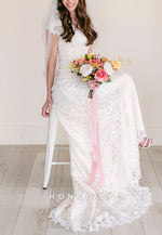 Cap Sleeves Court Train Lace Crisscross Back Trumpet Wedding Dresses