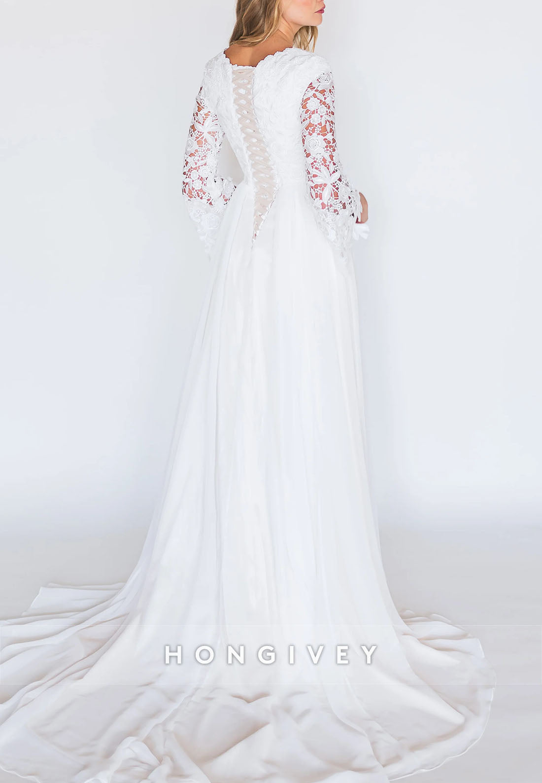 Court Train Scalloped Neck Long Sleeves Lace A-Line Wedding Dresses