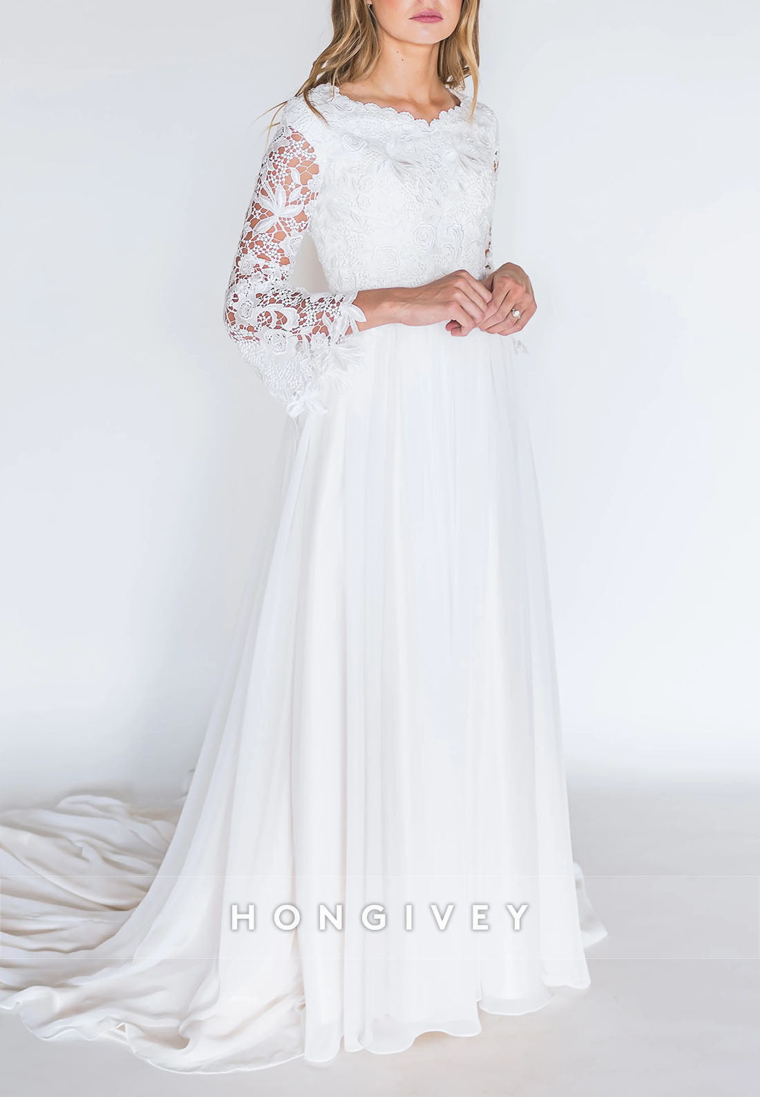 Court Train Scalloped Neck Long Sleeves Lace A-Line Wedding Dresses