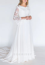Court Train Scalloped Neck Long Sleeves Lace A-Line Wedding Dresses
