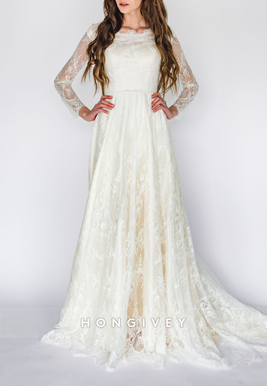 Long Sleeves A-Line Lace Court Train Crisscross Back Wedding Dresses with Pearls