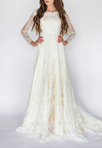 Long Sleeves A-Line Lace Court Train Crisscross Back Wedding Dresses with Pearls