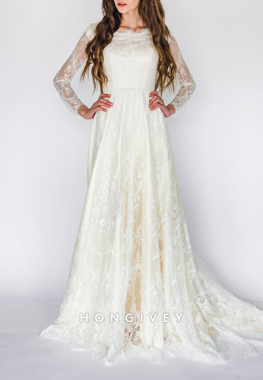 Long Sleeves A-Line Lace Court Train Crisscross Back Wedding Dresses with Pearls