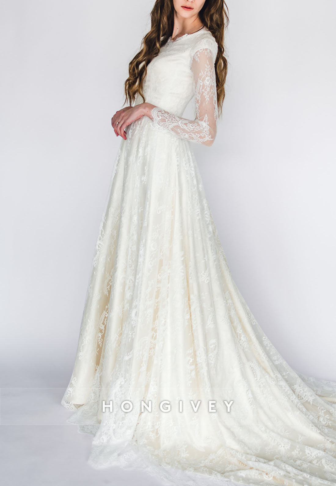 Long Sleeves A-Line Lace Court Train Crisscross Back Wedding Dresses with Pearls