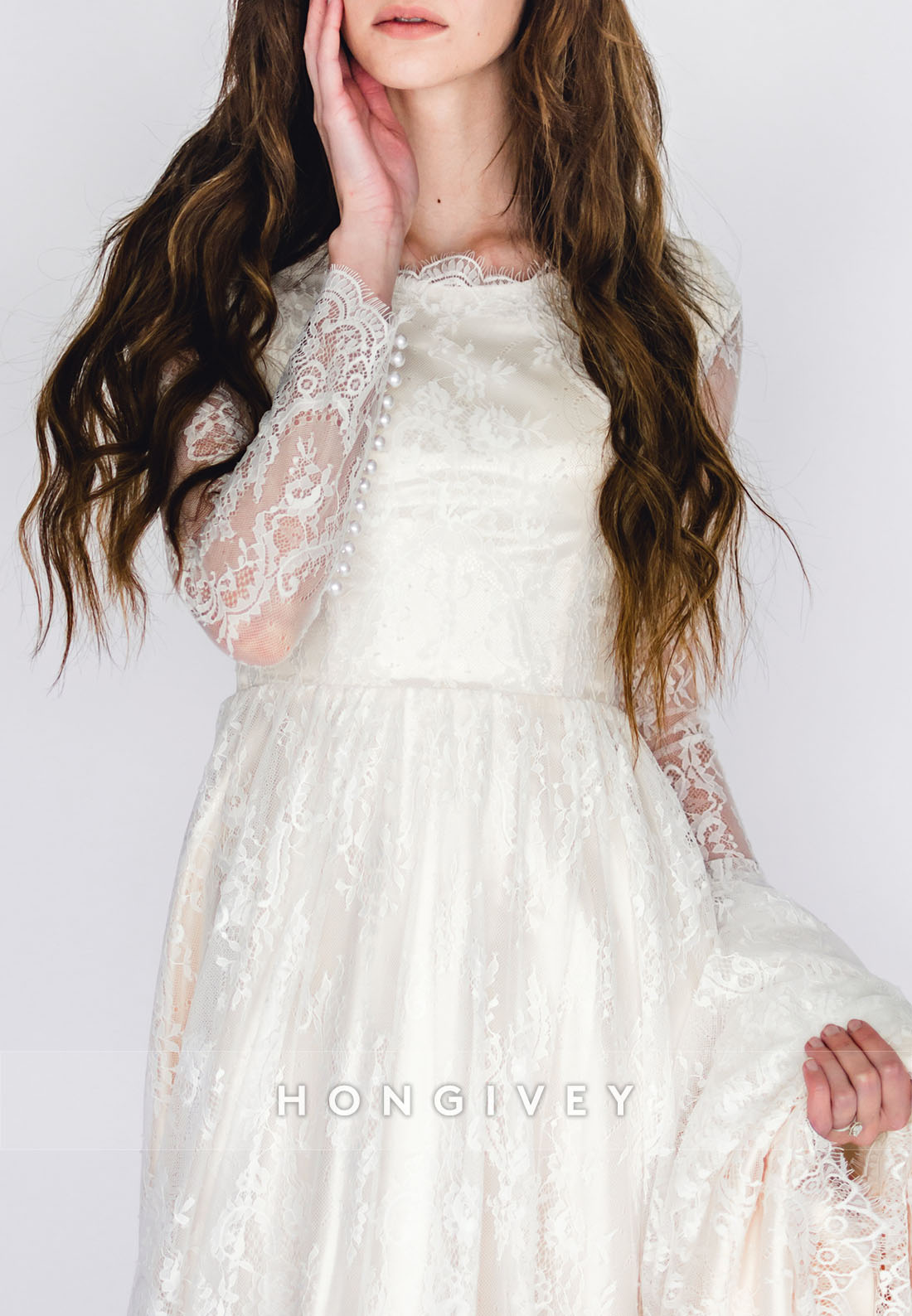 Long Sleeves A-Line Lace Court Train Crisscross Back Wedding Dresses with Pearls