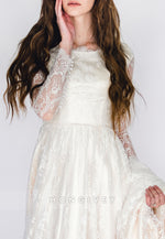 Long Sleeves A-Line Lace Court Train Crisscross Back Wedding Dresses with Pearls