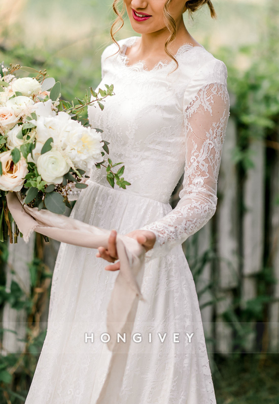 Long Sleeves A-Line Lace Court Train Crisscross Back Wedding Dresses with Pearls