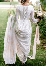 Long Sleeves A-Line Lace Court Train Crisscross Back Wedding Dresses with Pearls