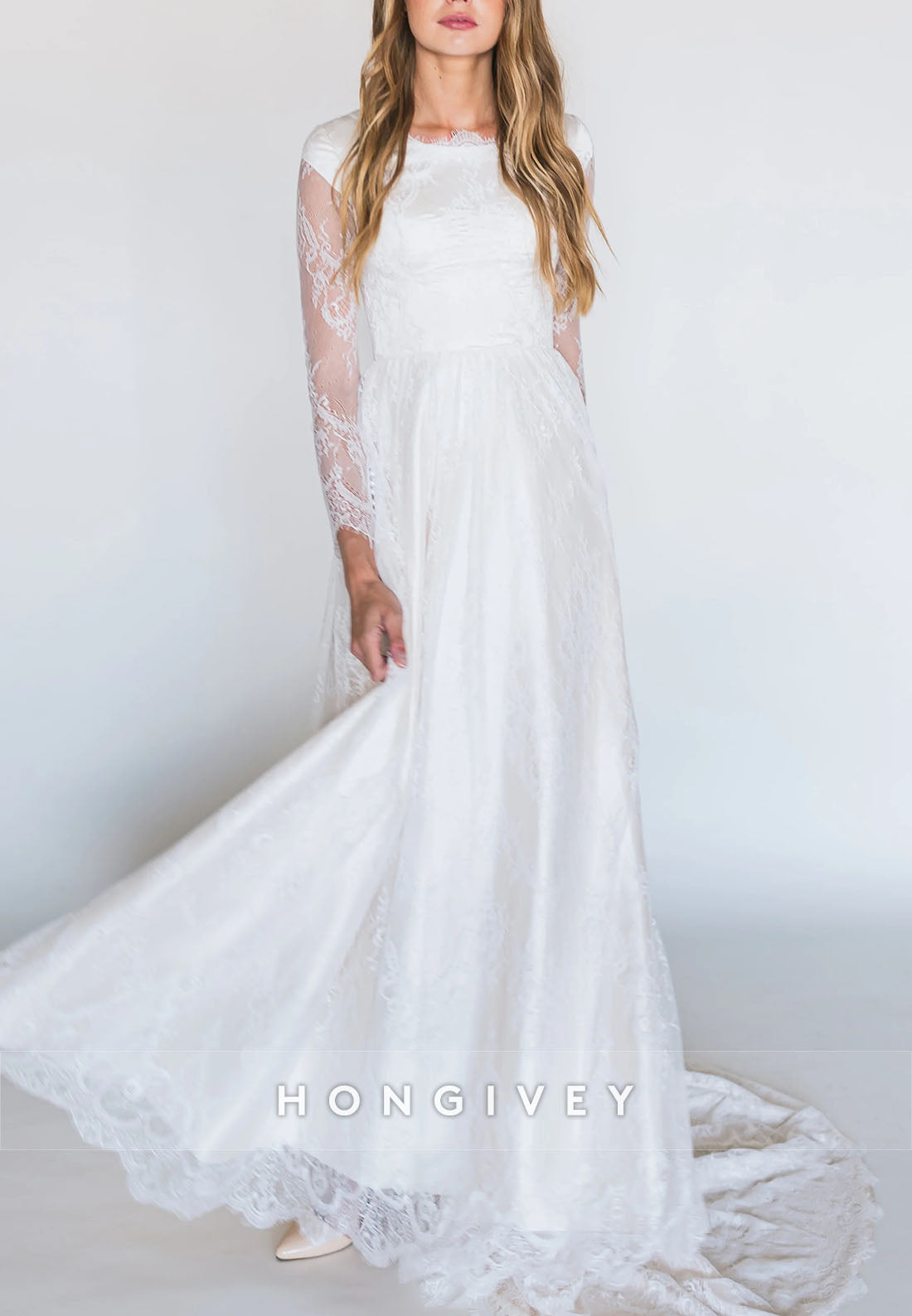 Long Sleeves A-Line Lace Court Train Crisscross Back Wedding Dresses with Pearls