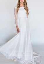Long Sleeves A-Line Lace Court Train Crisscross Back Wedding Dresses with Pearls