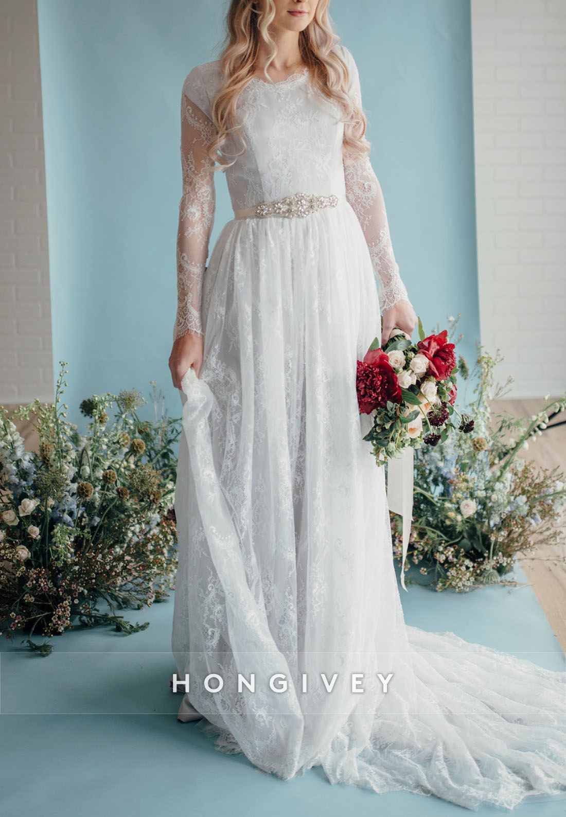 Long Sleeves A-Line Lace Court Train Crisscross Back Wedding Dresses with Pearls