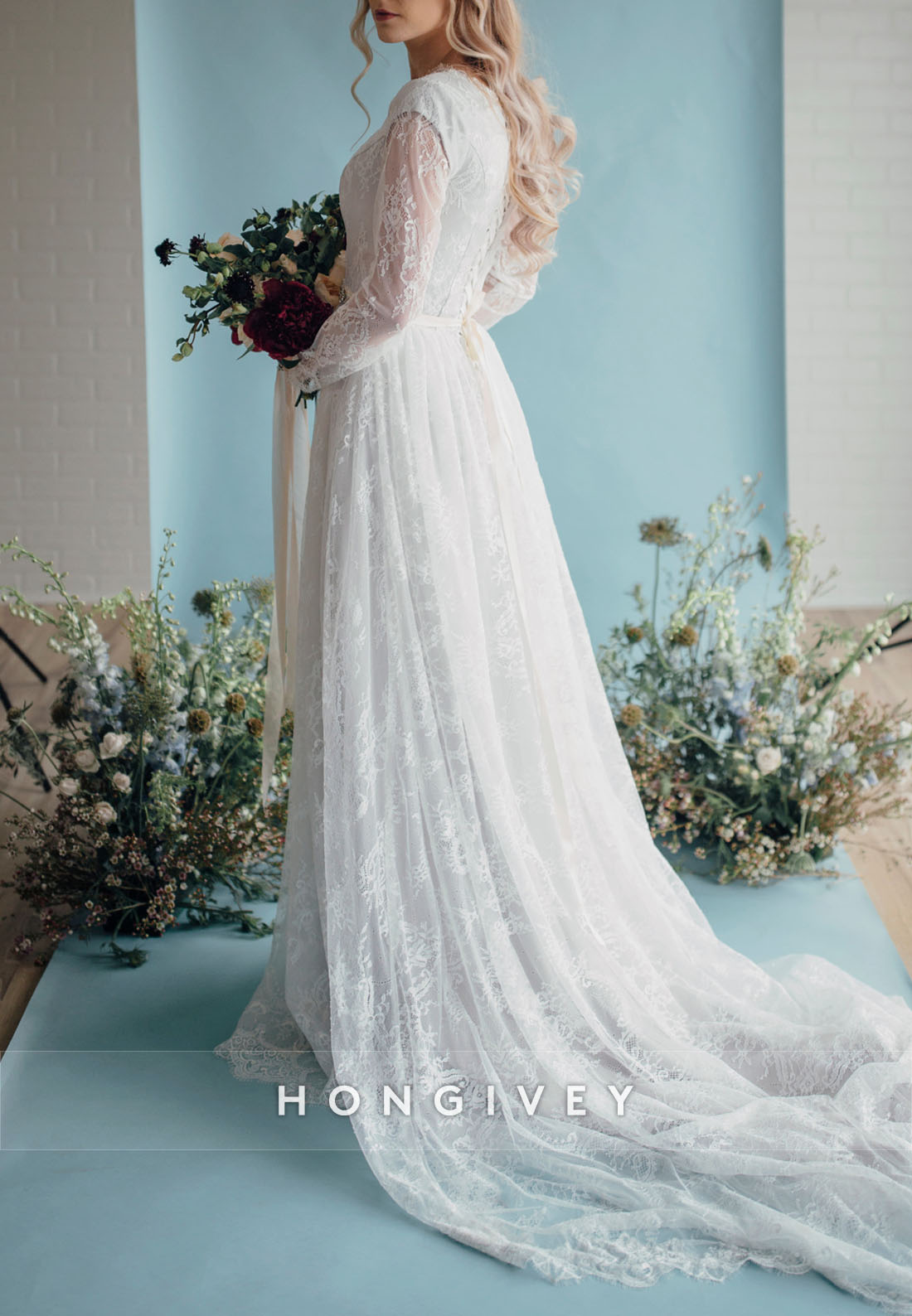 Long Sleeves A-Line Lace Court Train Crisscross Back Wedding Dresses with Pearls