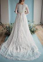 Long Sleeves A-Line Lace Court Train Crisscross Back Wedding Dresses with Pearls