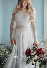 Long Sleeves A-Line Lace Court Train Crisscross Back Wedding Dresses with Pearls