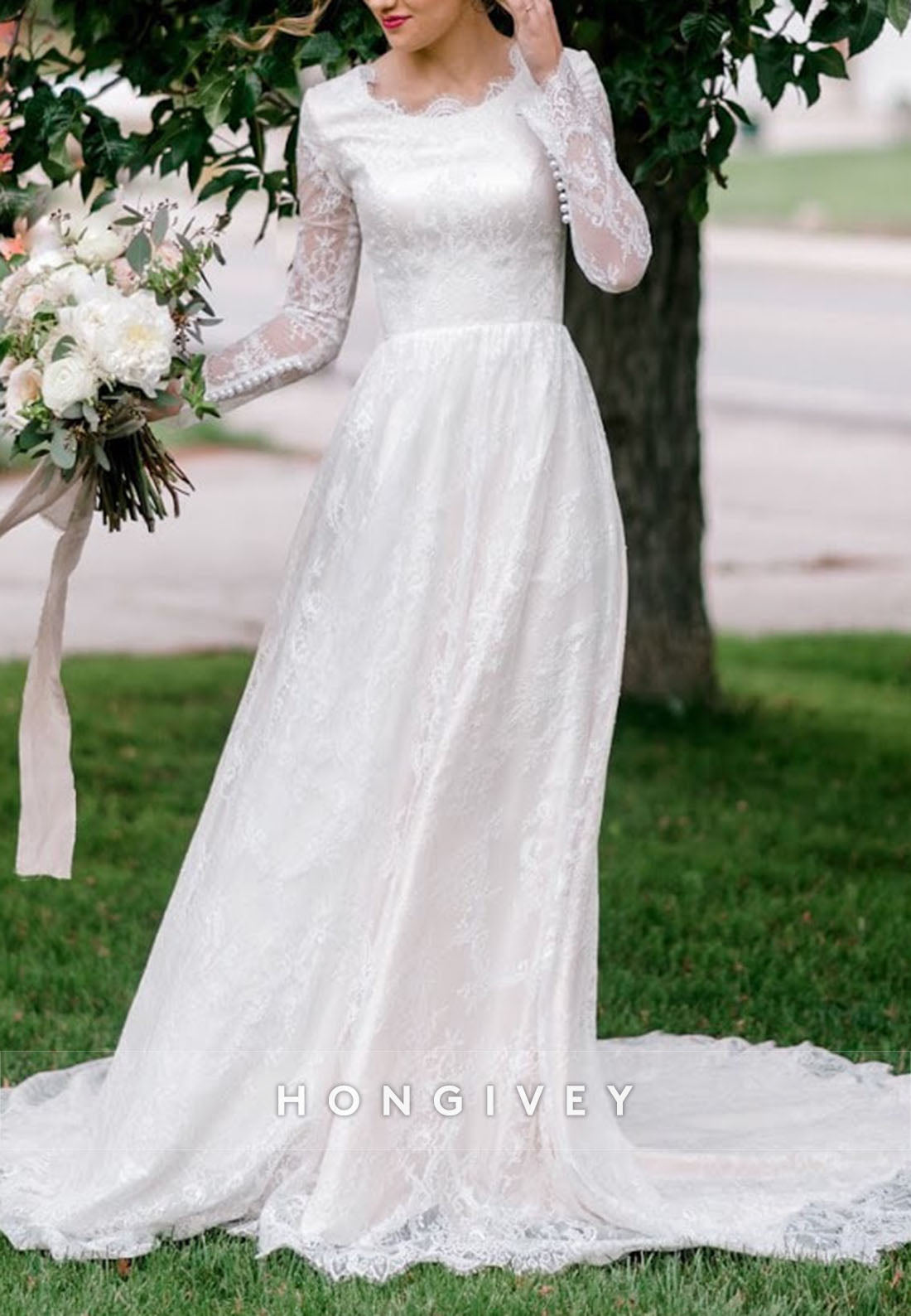 Long Sleeves A-Line Lace Court Train Crisscross Back Wedding Dresses with Pearls