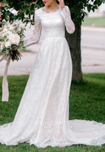 Long Sleeves A-Line Lace Court Train Crisscross Back Wedding Dresses with Pearls