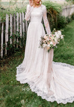 Long Sleeves A-Line Lace Court Train Crisscross Back Wedding Dresses with Pearls