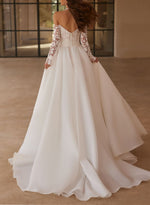 Off the Shoulder Long Sleeves Court Train Lace Satin Wedding Dresses With Appliques