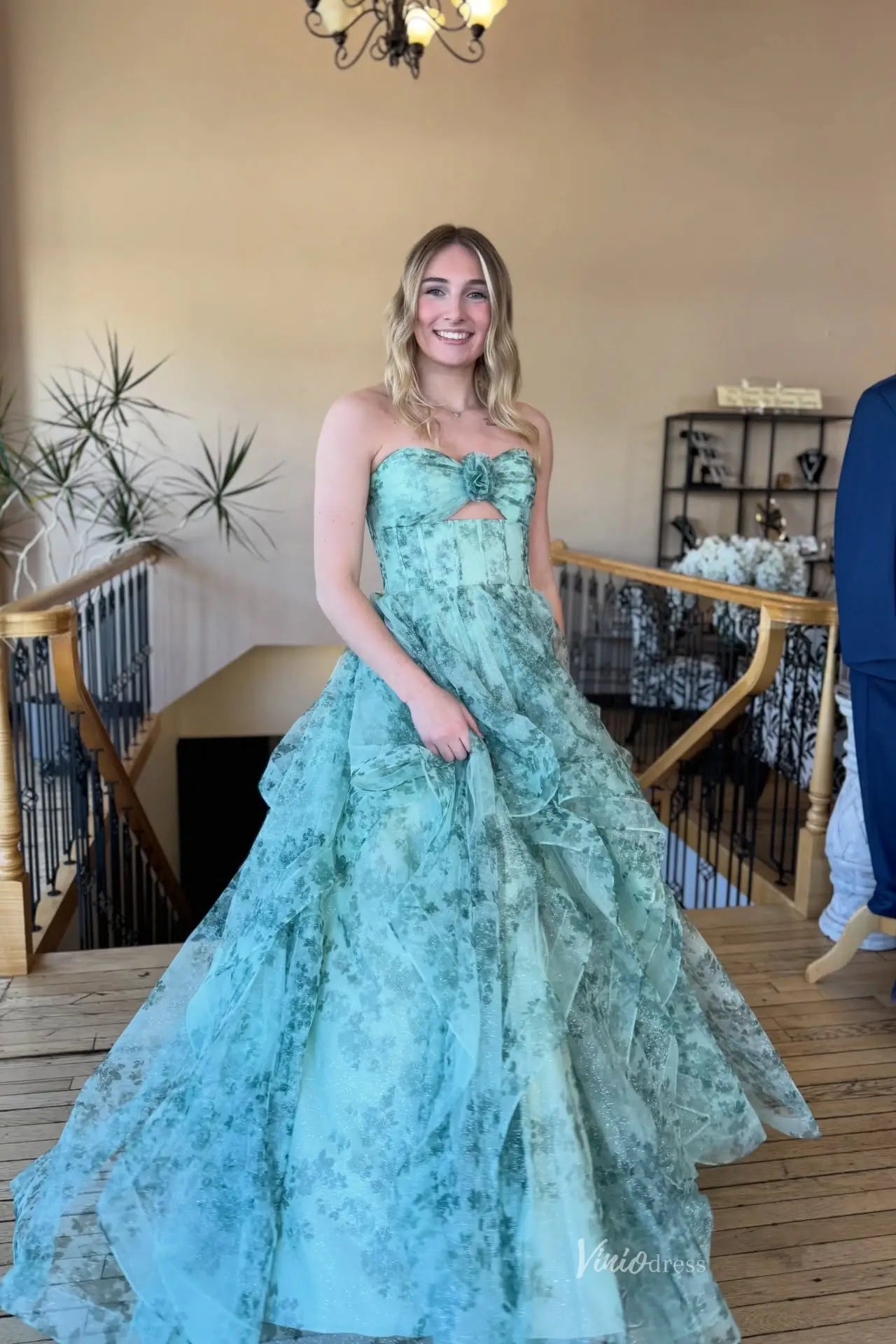 Sage Blue Floral Prom Dress with Rosette Bust Keyhole Cutout Ruffle Skirt
