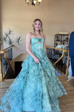 Sage Blue Floral Prom Dress with Rosette Bust Keyhole Cutout Ruffle Skirt