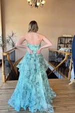 Sage Blue Floral Prom Dress with Rosette Bust Keyhole Cutout Ruffle Skirt