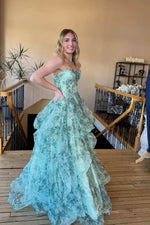 Sage Blue Floral Prom Dress with Rosette Bust Keyhole Cutout Ruffle Skirt