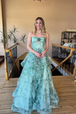Sage Blue Floral Prom Dress with Rosette Bust Keyhole Cutout Ruffle Skirt