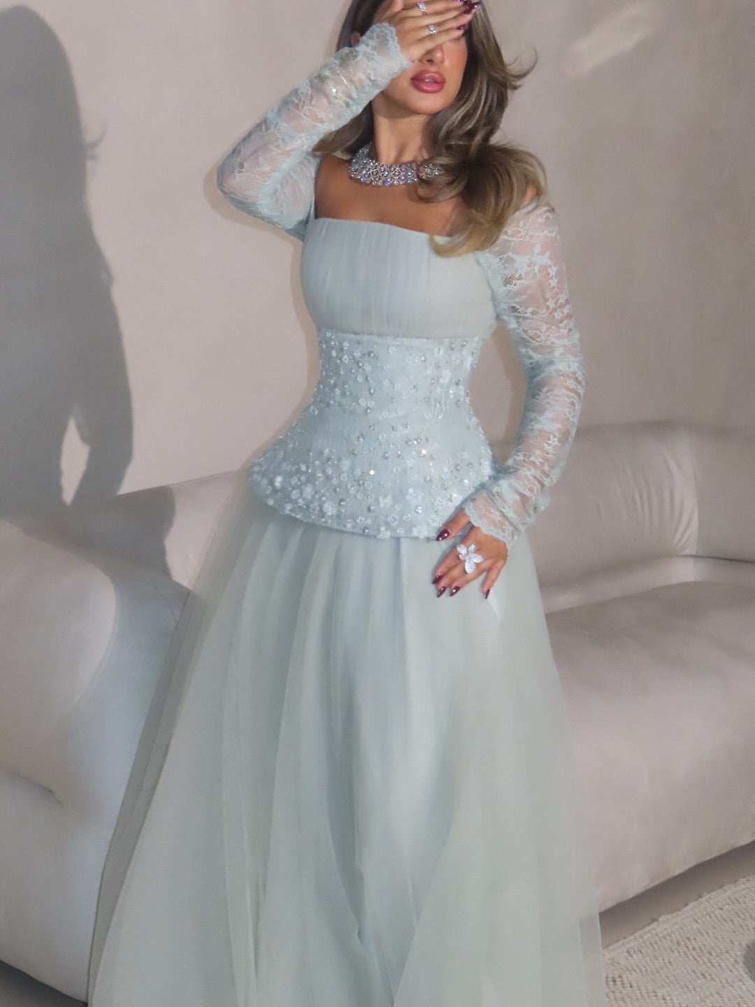 Blue Square Neck Lace Long Sleeve Sequins Sparkle Tulle A-Line Evening Dress