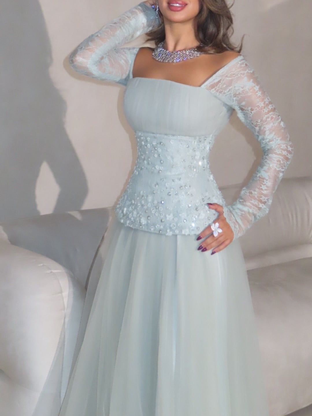 Blue Square Neck Lace Long Sleeve Sequins Sparkle Tulle A-Line Evening Dress