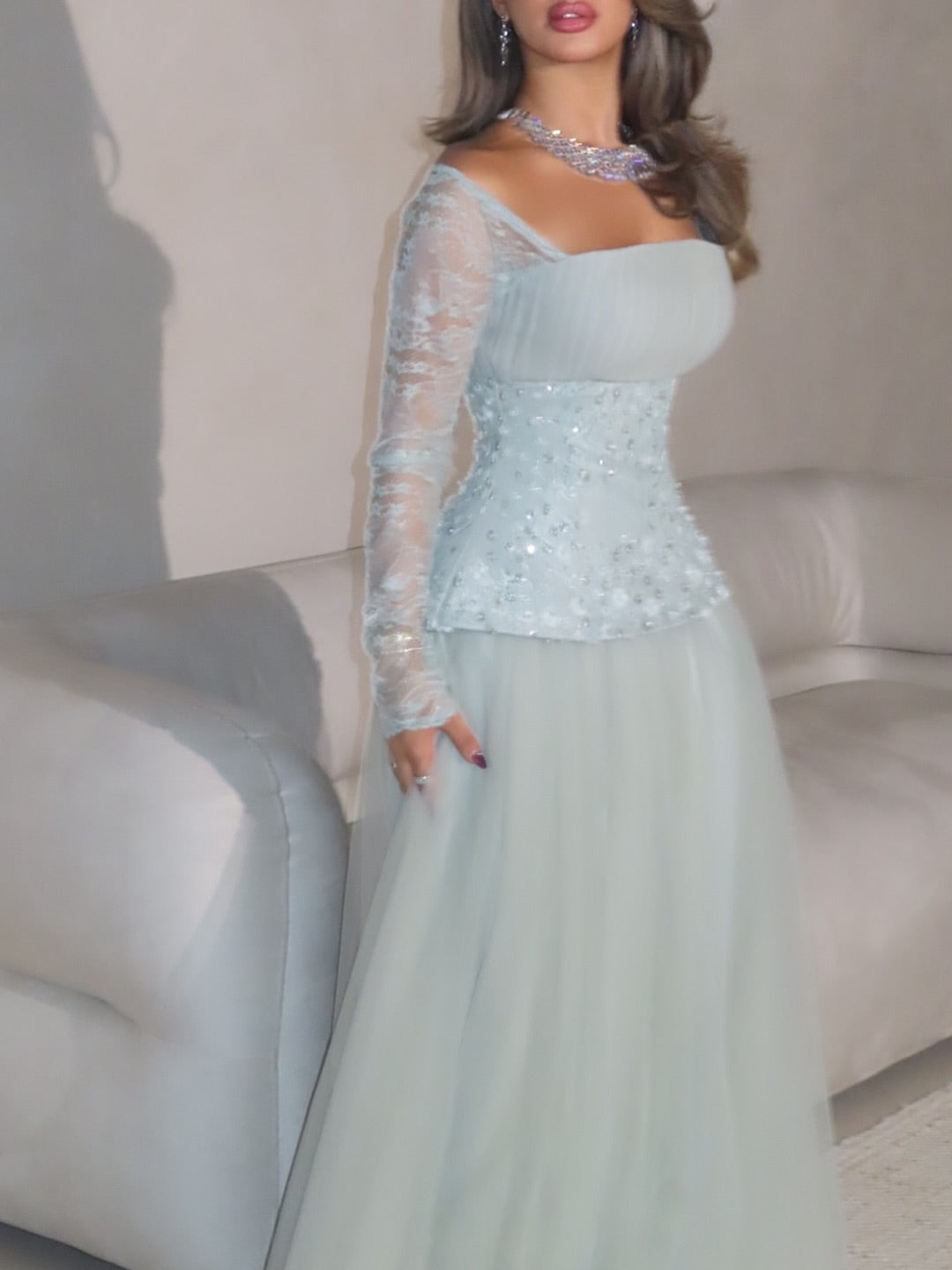 Blue Square Neck Lace Long Sleeve Sequins Sparkle Tulle A-Line Evening Dress